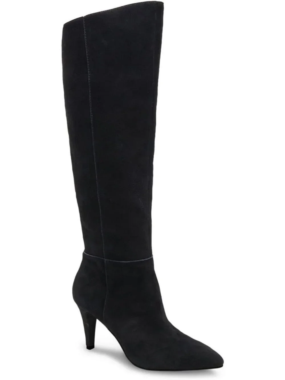 Women's Black Faux Suede Wide Calf Pointed Toe Stylish Side Zipper Long Boots